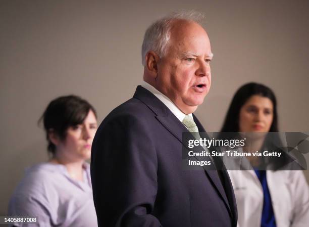 Minnesota Governor Tim Walz reinstates his support of women's health care in a press conference, Tuesday, June 28, 2022 in Saint Paul, Minn. Behind...