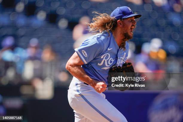 Scott Barlow of the Kansas City Royals celebrates defeating the Texas Rangers at Kauffman Stadium on June 29, 2022 in Kansas City, Missouri.