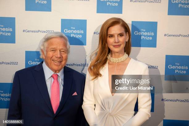 American actress Sarah Rafferty and founder, chairman and CEO of the Kraft Group Robert Kraft pose before the Genesis Prize ceremony at The Jerusalem...