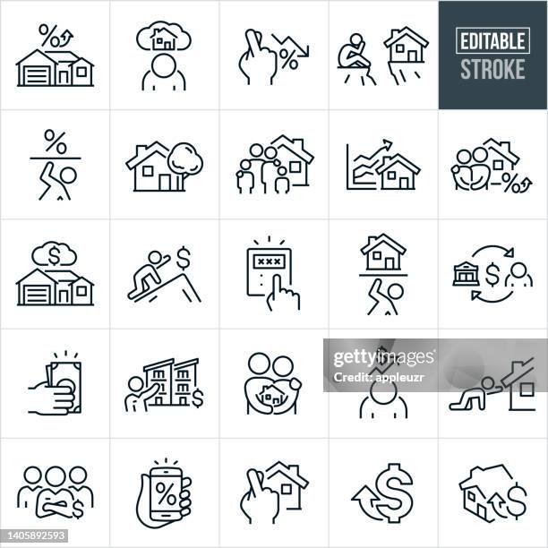 unaffordable house prices thin line icons - editable stroke - housing difficulties stock illustrations