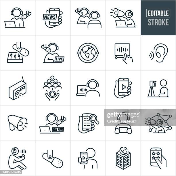 ilustraciones, imágenes clip art, dibujos animados e iconos de stock de iconos de línea delgada de podcast - trazo editable - presentador de televisión