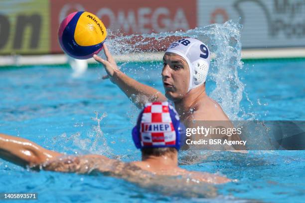 Nicola Jaksic of Serbia during the FINA World Championships Budapest 2022 match Serbia v Croatia at Alfred Hajos Swimming Complex on June 29, 2022 in...