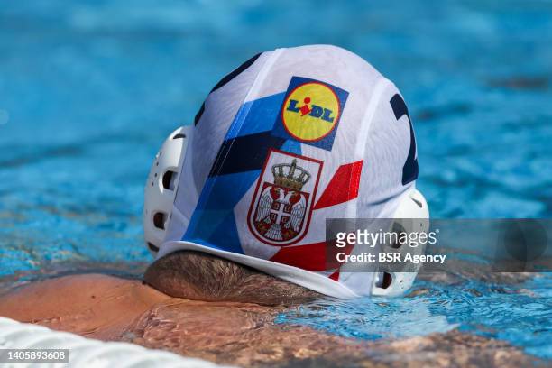 Cap of Serbia with logo an sponsor Lidl during the FINA World Championships Budapest 2022 Quarter final match between Serbia and Croatia on June 29,...