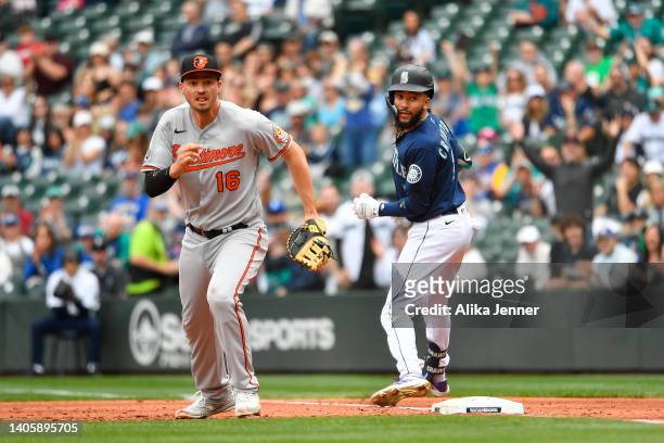 Crawford of the Seattle Mariners is safe at first base after hitting a ground ball during the second inning against the Baltimore Orioles at T-Mobile...