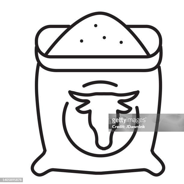 modern farm and agriculture grain feed bag icon concept thin line style - editable stroke - cows eating stock illustrations