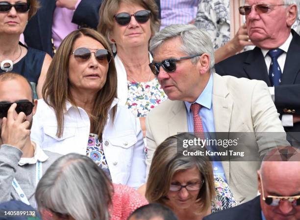 Carole Middleton and Michael Middleton attend day 3 of the Wimbledon Tennis Championships at All England Lawn Tennis and Croquet Club on June 29,...