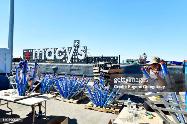 General view of preparations during Macy's 4th Of July Fireworks Pier Preview Day on June 29, 2022 in New York City.