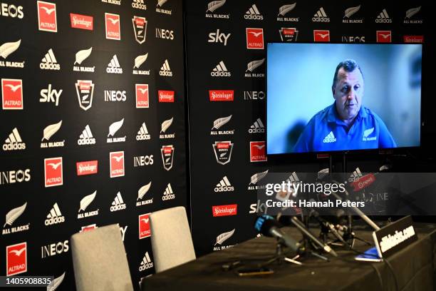 Head coach Ian Foster talks to the media via a zoom call after testing positive for Covid 19 during a New Zealand All Blacks media opportunity at the...