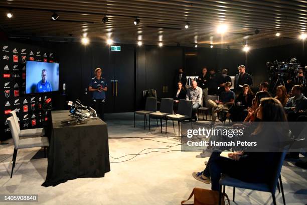 Head coach Ian Foster talks to the media via a zoom call after testing positive for Covid 19 during a New Zealand All Blacks media opportunity at the...