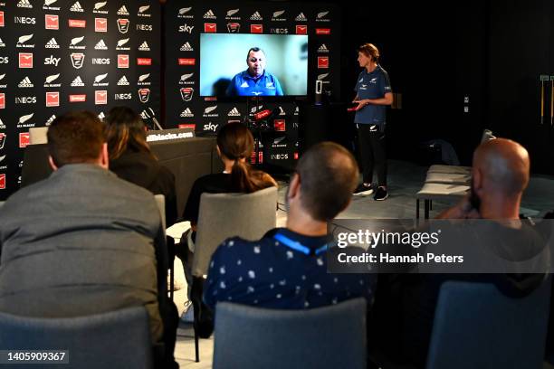 Head coach Ian Foster talks to the media via a zoom call after testing positive for Covid 19 during a New Zealand All Blacks media opportunity at the...