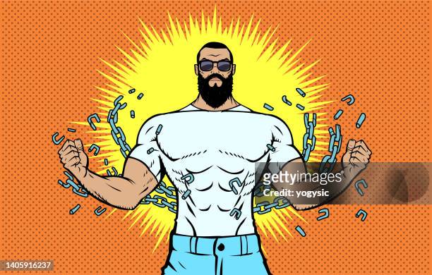illustrations, cliparts, dessins animés et icônes de vector pop art strong bearded man breaking chains stock illustration - forte poitrine