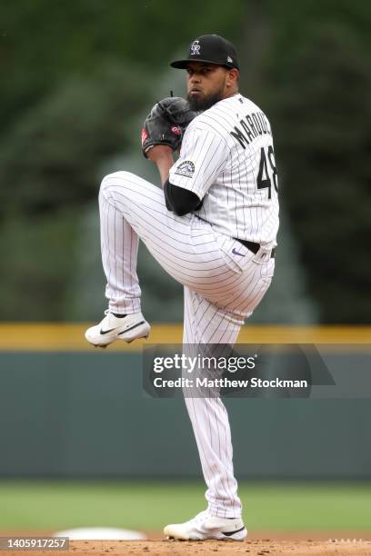 Starting pitcher German Marquez of the Colorado Rockies throws against the Los Angeles Dodgers in the first inning at Coors Field on June 29, 2022 in...