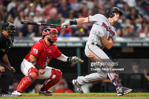 Max Kepler of the Minnesota Twins hits a two-run home run off Eli Morgan of the Cleveland Guardians during the tenth inning at Progressive Field on...