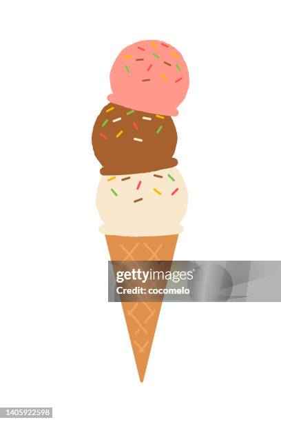 dreifache kugel eistüte. vanille, schokolade, erdbeereis. - eiscremewaffel stock-grafiken, -clipart, -cartoons und -symbole