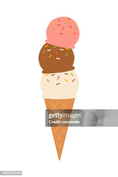 ilustraciones, imágenes clip art, dibujos animados e iconos de stock de cono de helado de triple cucharada. helado de vainilla, chocolate, fresa. - barquilla de helado