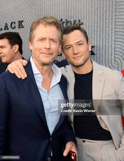 Greg Kinnear and Taron Egerton attend the Los Angeles premiere of Apple TV+'s new show "Black Bird" at Regency Bruin Theatre on June 29, 2022 in Los...