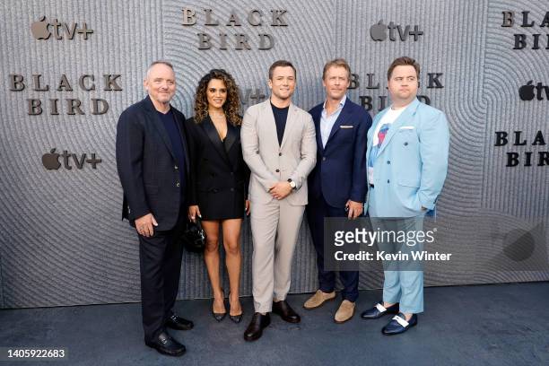 Dennis Lehane, Sepideh Moafi, Taron Egerton, Greg Kinnear and Paul Walter Hauser attend the Los Angeles premiere of Apple TV+'s new show "Black Bird"...