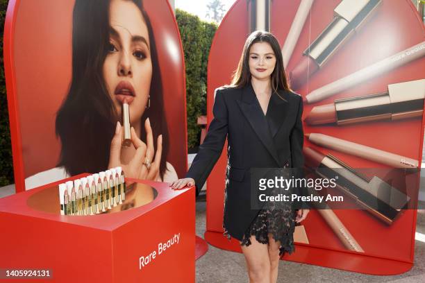 Selena Gomez celebrates the launch of Rare Beauty's Kind Words Matte Lipstick and Liner Collection at Santa Monica Proper Hotel on June 29, 2022 in...