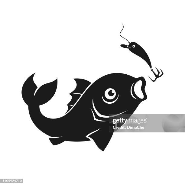 fish catching a bait - cut out vector silhouette - 鹹水魚 幅插畫檔、美工圖案、卡通及圖標