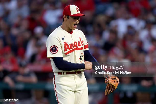 Shohei Ohtani of the Los Angeles Angels reacts to striking out Josh Harrison of the Chicago White Sox during the third inning of a game at Angel...