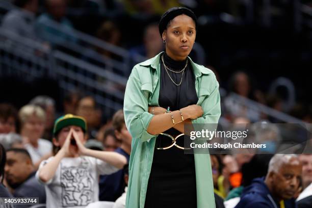 Head coach Noelle Quinn of the Seattle Storm reacts during the fourth quarter against the Las Vegas Aces at Climate Pledge Arena on June 29, 2022 in...