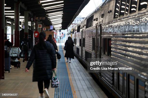 Commuters rush along a platform to catch a train at Central Station on June 30, 2022 in Sydney, Australia. Sydney commuters face ongoing train delays...