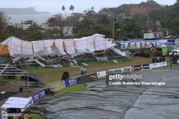 Collapsed tent caused by bad weather is seen during day two of the First Test in the series between Sri Lanka and Australia at Galle International...