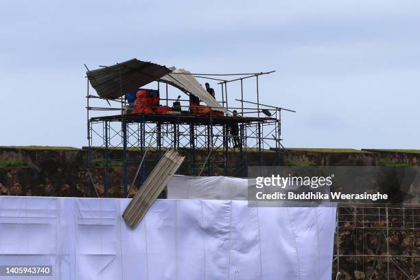 Roof sheet falls off scaffolding during a weather delay day two of the First Test in the series between Sri Lanka and Australia at Galle...