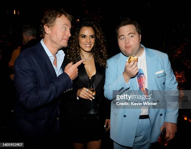 Greg Kinnear, Sepideh Moafi and Paul Walter Hauser pose at the after party for the premiere of Apple TV+'s "Black Bird" at Baltaire on June 29, 2022...