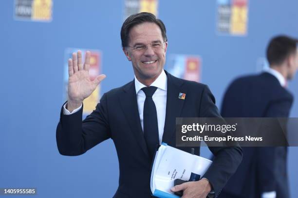 The Prime Minister of the Netherlands, Mark Rutte, waves upon his arrival at the second and final day of the NATO 2022 Summit at the IFEMA Trade Fair...