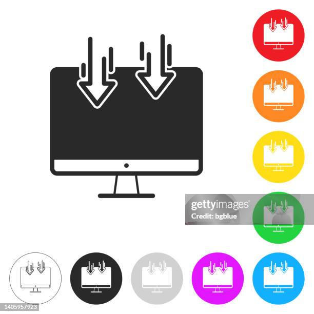 send to desktop computer. icon on colorful buttons - receiving email screen stock illustrations