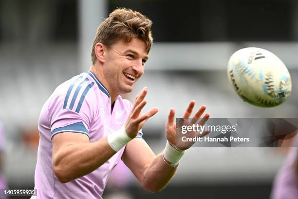 Beauden Barrett runs through drills during a New Zealand All Blacks training session at Eden Park on June 30, 2022 in Auckland, New Zealand.