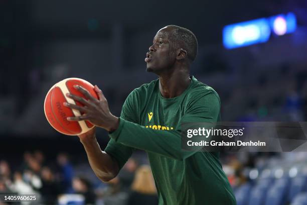 Thon Maker of Australia warms up prior to the FIBA World Cup Asian Qualifier match between the Australia Boomers and China at John Cain Arena on June...