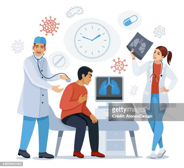 stockillustraties, clipart, cartoons en iconen met doctors checking respiratory system. medical examination of a young man. - breathing exercise