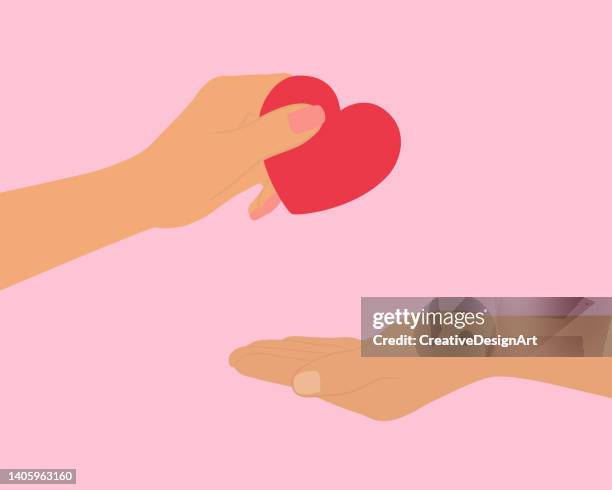 stockillustraties, clipart, cartoons en iconen met sharing love, charity and donation concept. hand giving heart to another hand. - red background