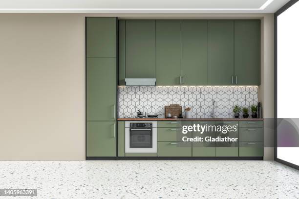 modern kitchen - 70's retro style - khaki green stock pictures, royalty-free photos & images