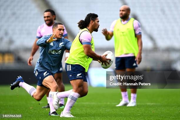 Folau Fakatava runs through drills during a New Zealand All Blacks training session at Eden Park on June 30, 2022 in Auckland, New Zealand.