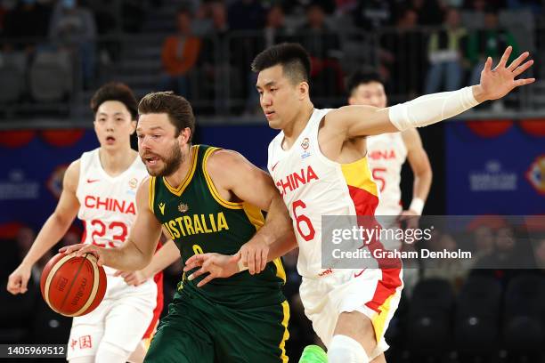 Matthew Dellavedova of Australia is challenged during the FIBA World Cup Asian Qualifier match between the Australia Boomers and China at John Cain...