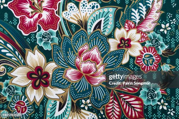 full frame thai silk traditional motif textile and texture background. - floral frame stockfoto's en -beelden