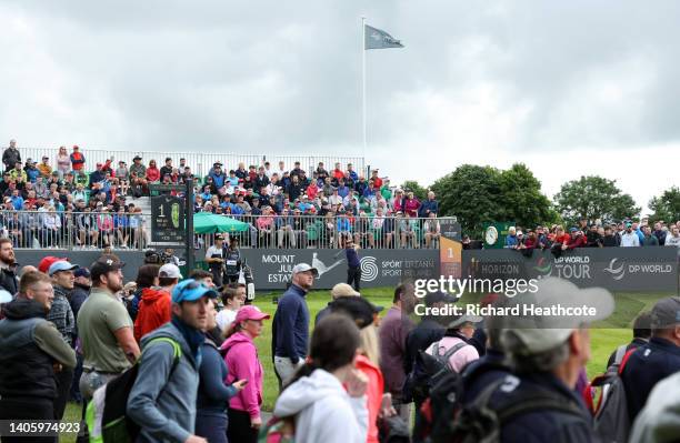 Tyrrell Hatton of England tees off on the first hole during the first round of the Horizon Irish Open at Mount Juliet Estate on June 30, 2022 in...