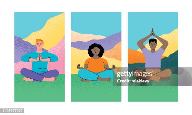 mindfulness meditation - woman at peace in nature stock illustrations