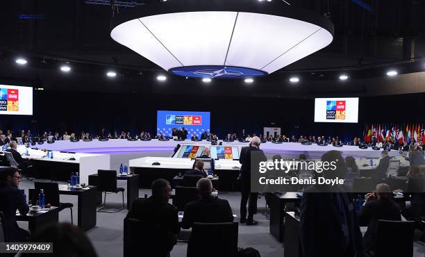 General view of the Heads of State North Atlantic Council round table meeting during the NATO Summit on June 30, 2022 in Madrid, Spain. During the...