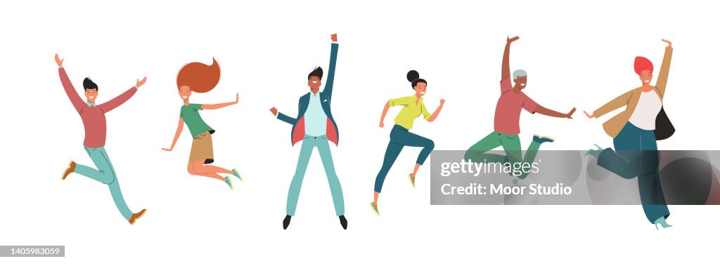 Happy jumping employees character set vector illustration
