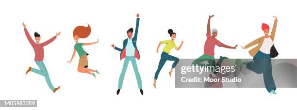 happy jumping employees character set vector illustration - personaje stock illustrations
