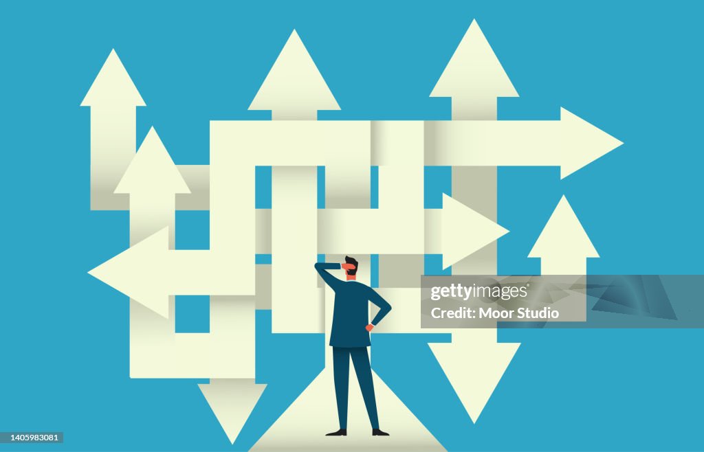 Businessman on a crossroad flat vector illustration