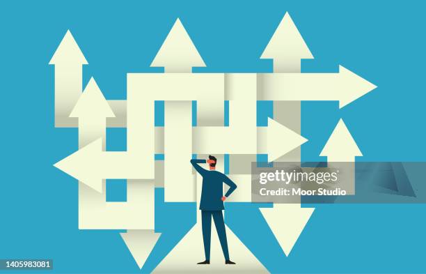 businessman on a crossroad flat vector illustration - 方向 幅插畫檔、美工圖案、卡通及圖標