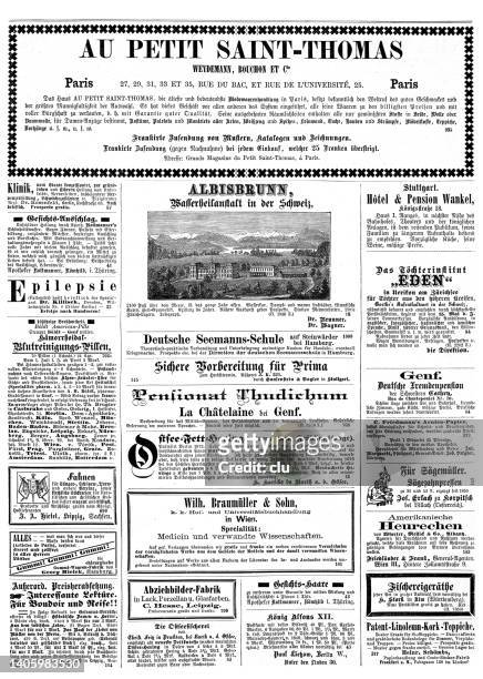 anzeigen in einer deutschen zeitschrift von 1875 einschließlich der therme albisbrunn - geneva stock-grafiken, -clipart, -cartoons und -symbole