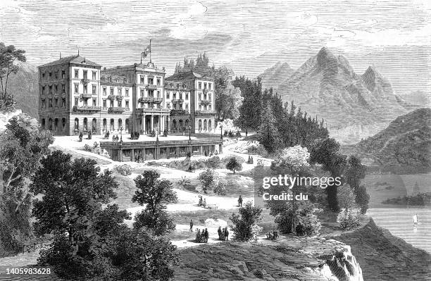 lake lucerne, switzerland, bürgenstock resort hideway - lake lucerne stock illustrations