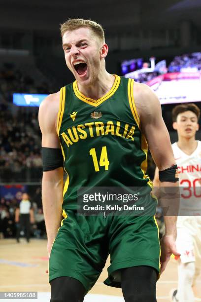 Jack White of Australia celebrates his dunk during the FIBA World Cup Asian Qualifier match between the Australia Boomers and China at John Cain...