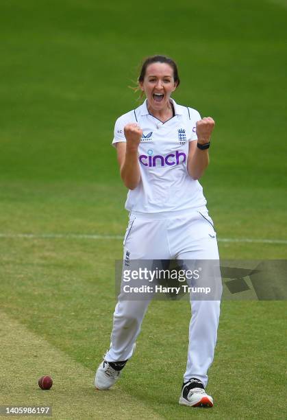 Kate Cross of England celebrates the wicket of Sune Luus of South Africa during Day Four of the First Test Match between England Women and South...